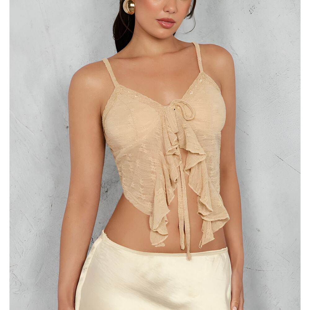 Unbranded Women Tan Floral Lace Ruffle Coquette Fairycore Cami Top XS